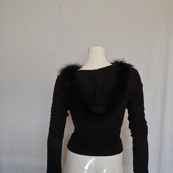 Black and gold fleck zip sweater hoodie with boa trimmed hood - Picture 8 of 11